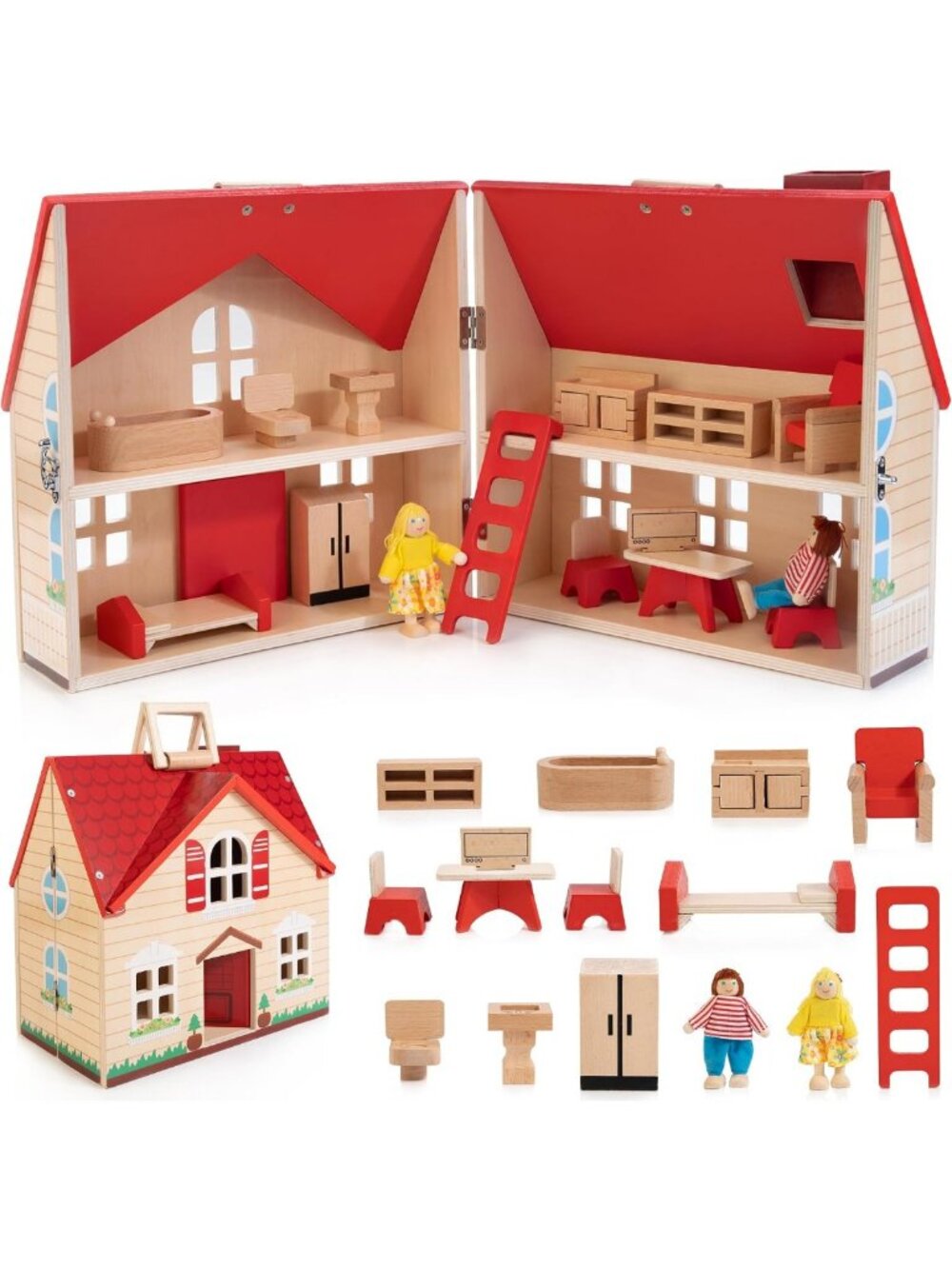 Foldable Wooden Dollhouse with Furniture for Kids' Pretend Play & Imaginative